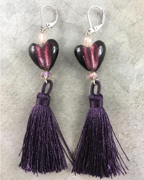 Purple Lampwork Heart and Tassel Earrings