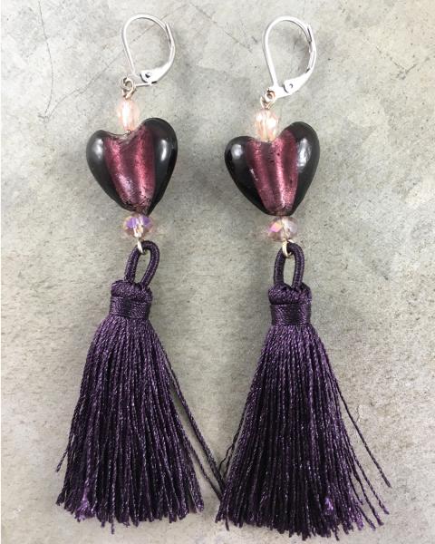 Purple Lampwork Heart and Tassel Earrings picture