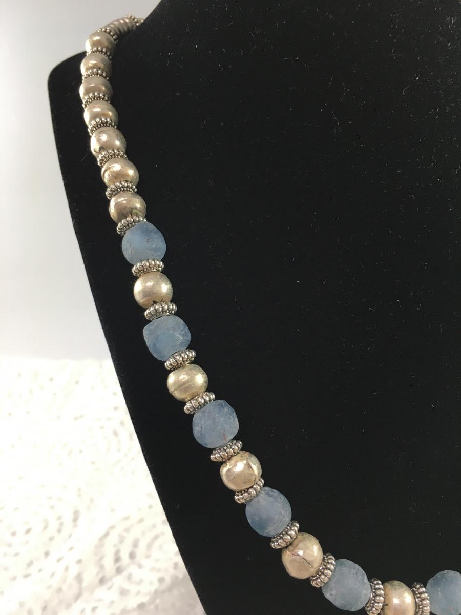 Pale Blue Recycled Glass and Silver Metal Necklace (Vegan) picture