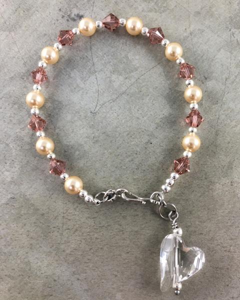 Swarovski Rose Crystal and Pearl Bracelet with Crystal Heart Charm picture