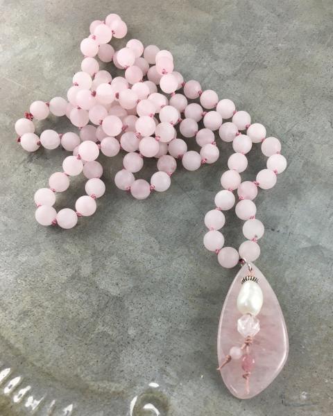 Rose Quartz Mala Necklace with Rose Quartz Pendant