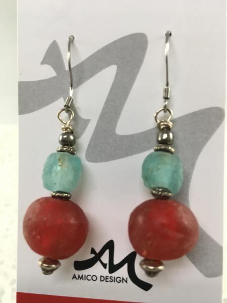 Red and Aqua Handmade Glass Bead Earrings. picture