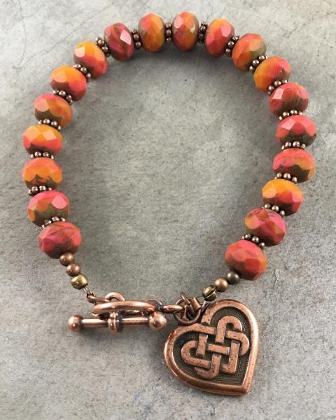 Red Orange Czech Glass Bracelet with Celtic Heart Charm picture