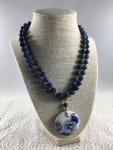 Blue Sodalite Mala Necklace with Ceramic Chrysanthemum Pendant