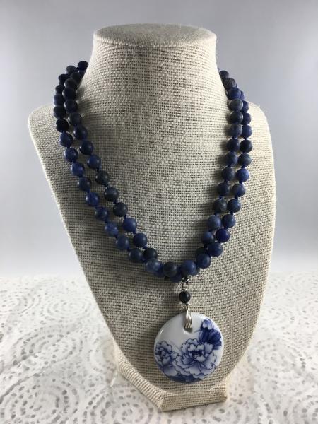 Blue Sodalite Mala Necklace with Ceramic Chrysanthemum Pendant