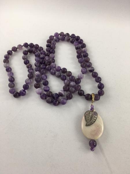 Amethyst Mala Necklace with Stone Pendant. picture