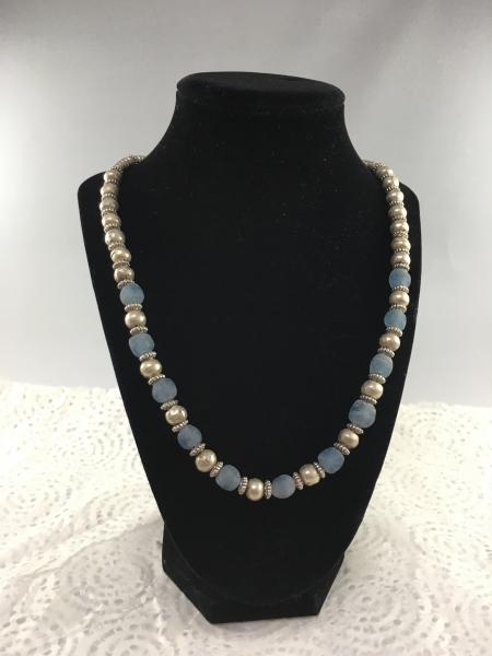 Pale Blue Recycled Glass and Silver Metal Necklace (Vegan)