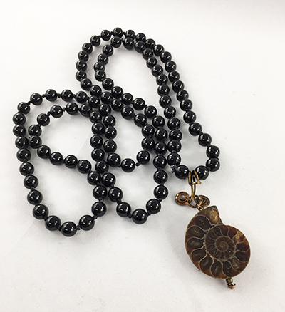 Onyx Mala Necklace with Ammonite Pendant