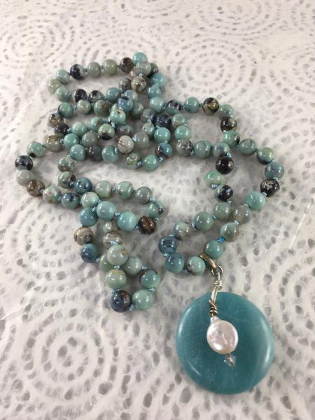 Terra Agate Mala Necklace with Amazonite and Pearl Pendant picture