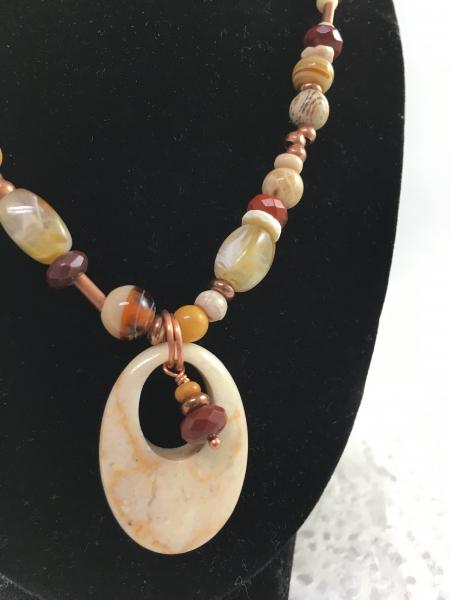 Nuetral Semi-Precious Stone and Copper Necklace with Oval Pendant picture
