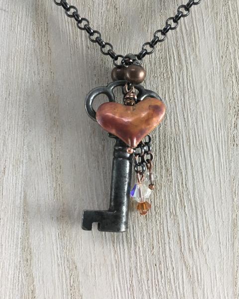 Antique Key and Puffed Copper Heart Necklace