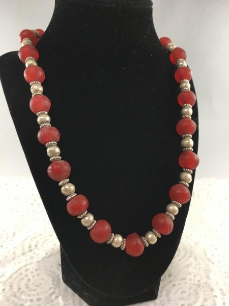 Red and Silver Metal Hand Made Bead Necklace (Vegan)