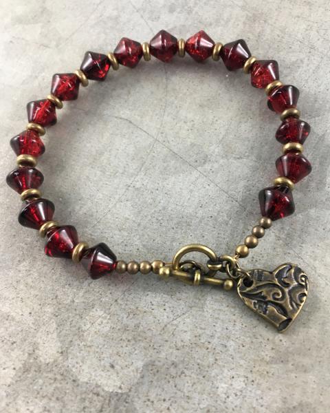 Red Glass and Brass Bracelet with Heart Charm