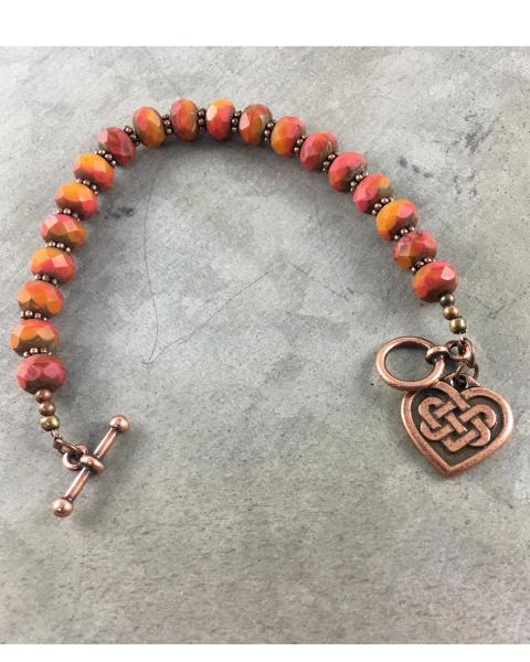 Red Orange Czech Glass Bracelet with Celtic Heart Charm picture