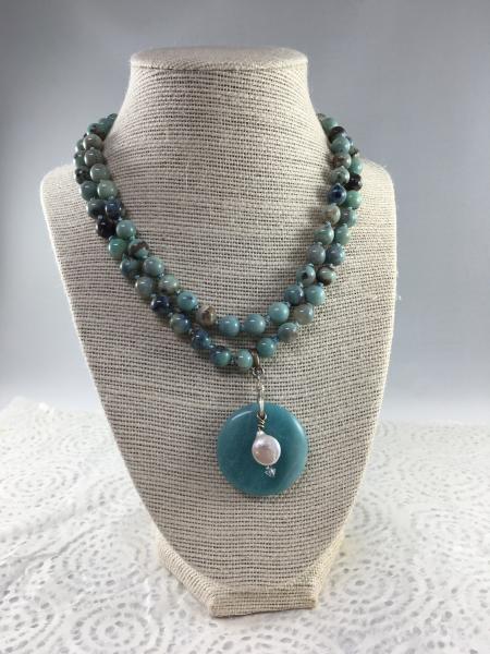 Terra Agate Mala Necklace with Amazonite and Pearl Pendant picture