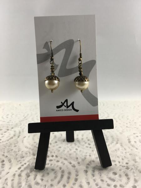 Acorn Earrings with Swarovski Pearls (Antique Gold))