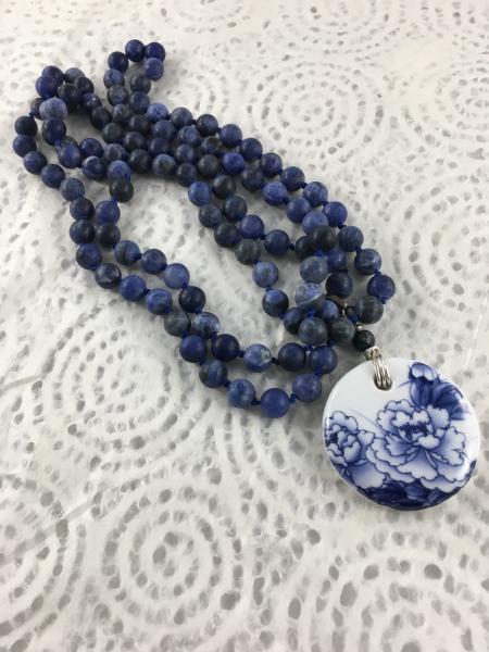 Blue Sodalite Mala Necklace with Ceramic Chrysanthemum Pendant picture