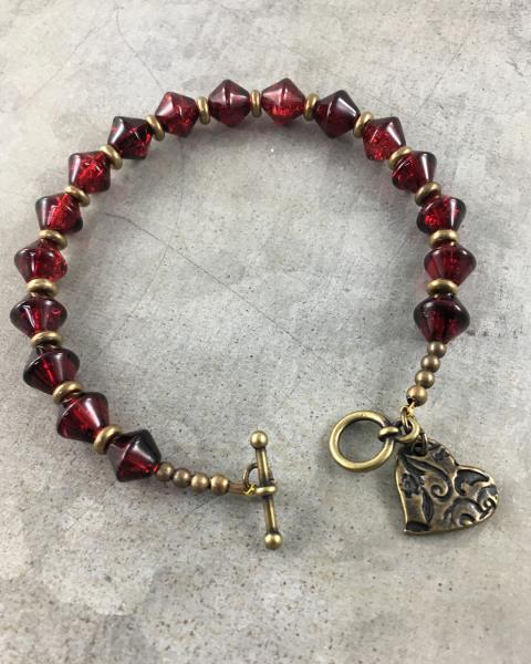 Red Glass and Brass Bracelet with Heart Charm picture