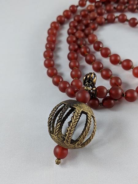 Carnelian Mala Necklace with Brass and Bead Pendant
