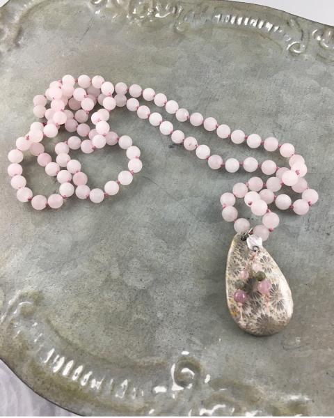 Rose Quartz Mala Necklace with Stone Pendant