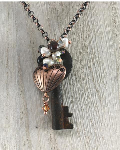 Rustic Antique Key with Haert and Bead Cluster Necklace