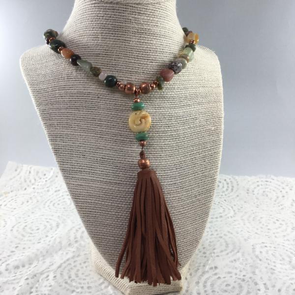 Semi-Precious Stone Necklace with Copper Beads and Leather Tassel