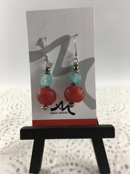 Red and Aqua Handmade Glass Bead Earrings.