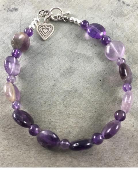 Amethyst Coin Bead Bracelet with Sterling Heart Charm