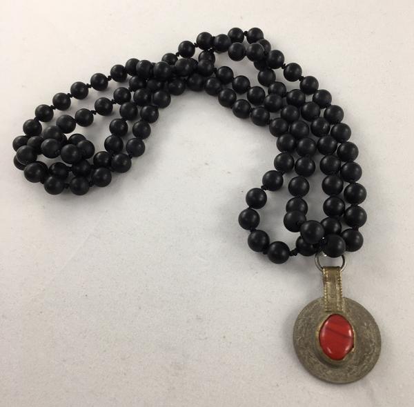 Onyx Mala Necklace with Coin and Glass Pendant