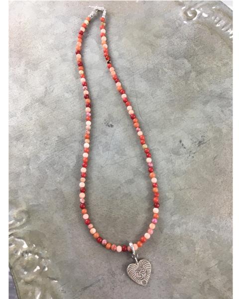 Red Stone Bead and Sterling Ohm Heart Necklace