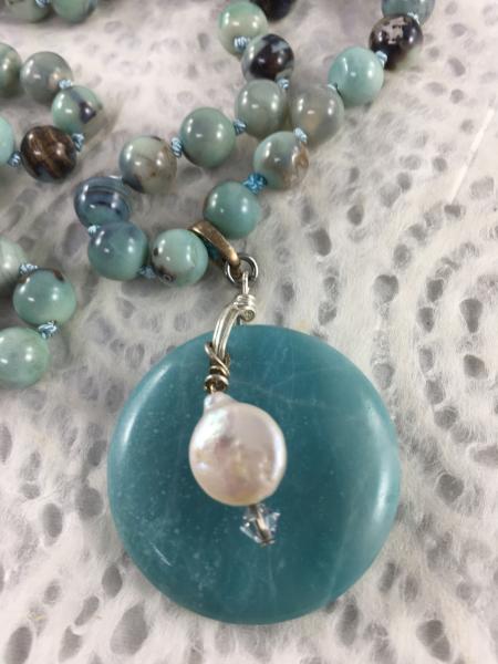 Terra Agate Mala Necklace with Amazonite and Pearl Pendant picture