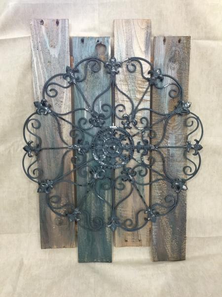 Teal green antique metal/wood wall art