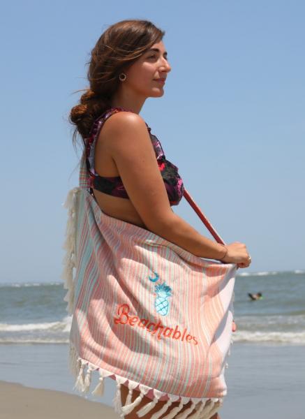 Raspberry/Blue/Tan Turkish Beachable - Customizable 3 in 1 beach towel, tote bag, chair cover picture