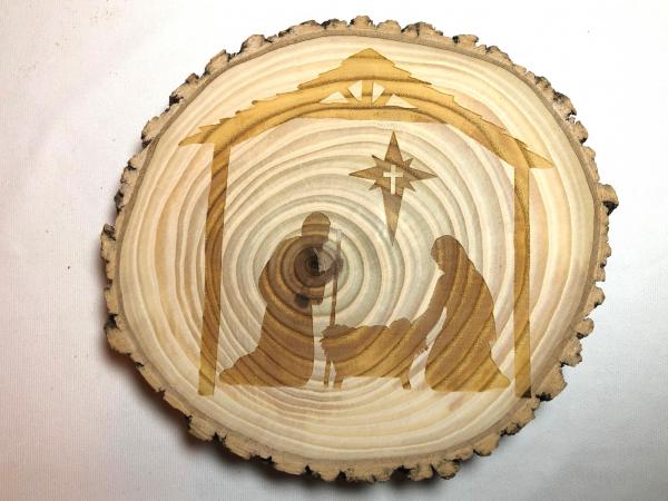 Nativity wall plaque, solid ash, natural bark edge