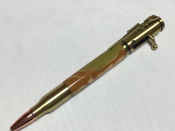 Bolt action .30 caliber pen made with various acrylics and hardware colors.