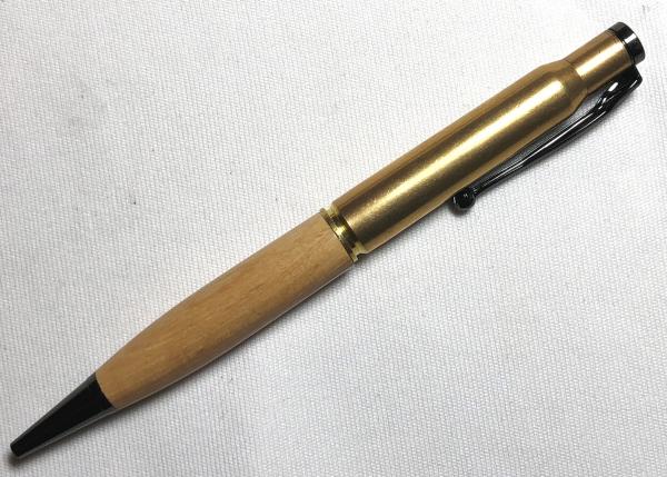 30.06 caliber bullet pen made with various woods, gun metal hardware, and a genuine casing