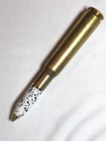 50 caliber machine gun bullet pen made with various acrylics, gold hardware, and a genuine casing