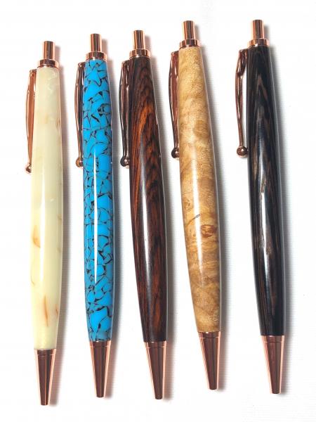 Slimline Click style, made with various woods or acrylics, copper hardware.