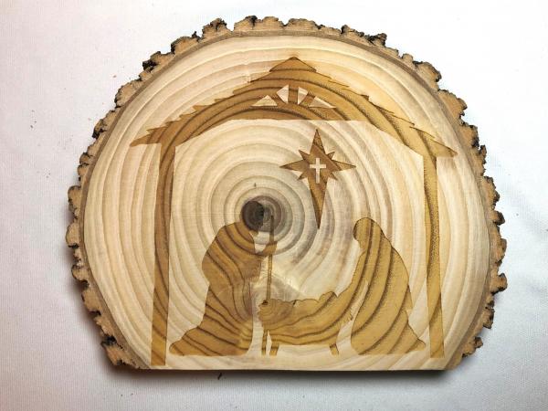Nativity shelf plaque, solid ash, natural bark edge