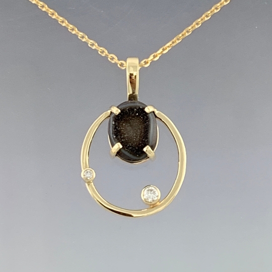 14kt Yellow Gold Drusy-Druzy and diamond oval pendant with gold chain, ready to ship, one of a kind picture