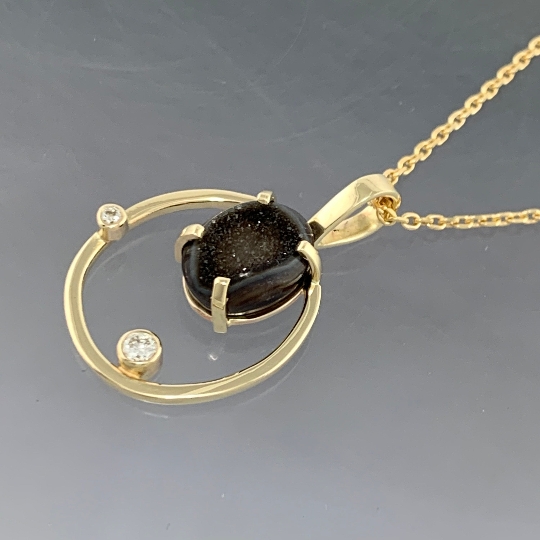 14kt Yellow Gold Drusy-Druzy and diamond oval pendant with gold chain, ready to ship, one of a kind picture