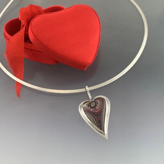 Corvette Fordite Heart Pendant in Sterling Silver, One of a Kind, Ready to Ship picture