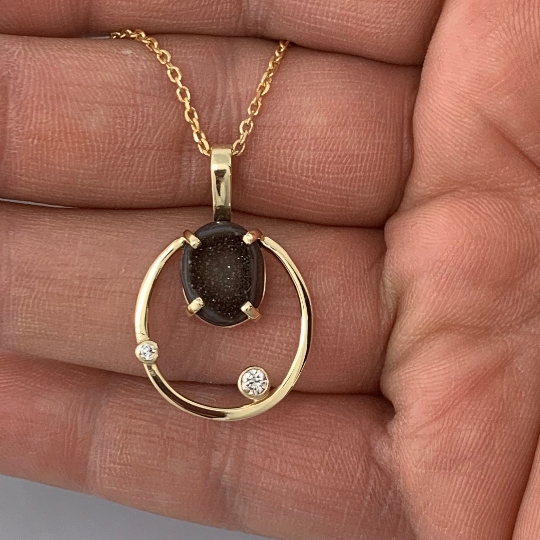 14kt Yellow Gold Drusy-Druzy and diamond oval pendant with gold chain, ready to ship, one of a kind picture