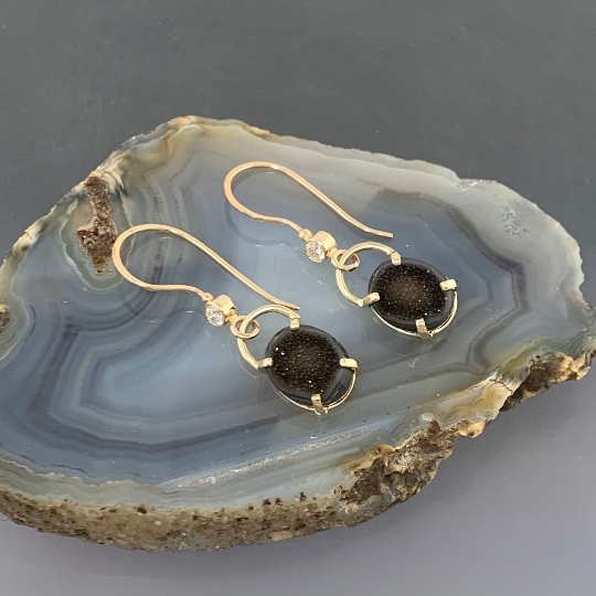 14kt Solid Yellow Gold Drusy-Druzy and diamond dangle earrings, ready to ship, one of a kind picture