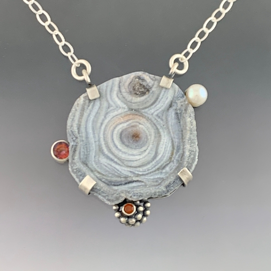 Galaxy Drusy, Anastasia Topaz, Mandarin Garnet and Fresh Water Pearl Pendant Necklace, One of a kind, ready to ship picture