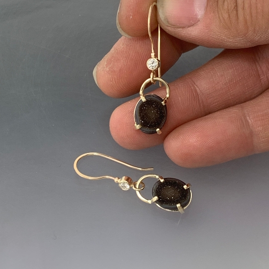 14kt Solid Yellow Gold Drusy-Druzy and diamond dangle earrings, ready to ship, one of a kind picture