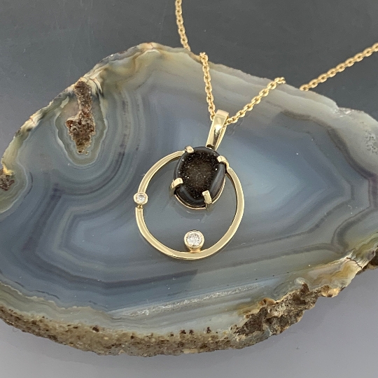 14kt Yellow Gold Drusy-Druzy and diamond oval pendant with gold chain, ready to ship, one of a kind picture