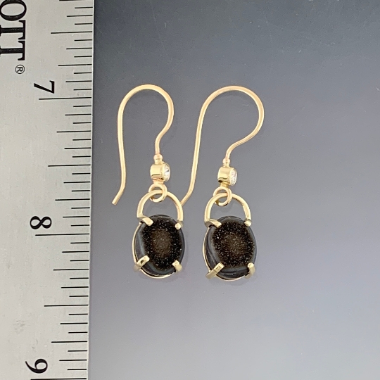 14kt Solid Yellow Gold Drusy-Druzy and diamond dangle earrings, ready to ship, one of a kind picture