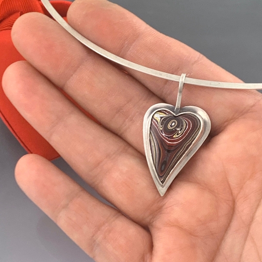 Corvette Fordite Heart Pendant in Sterling Silver, One of a Kind, Ready to Ship