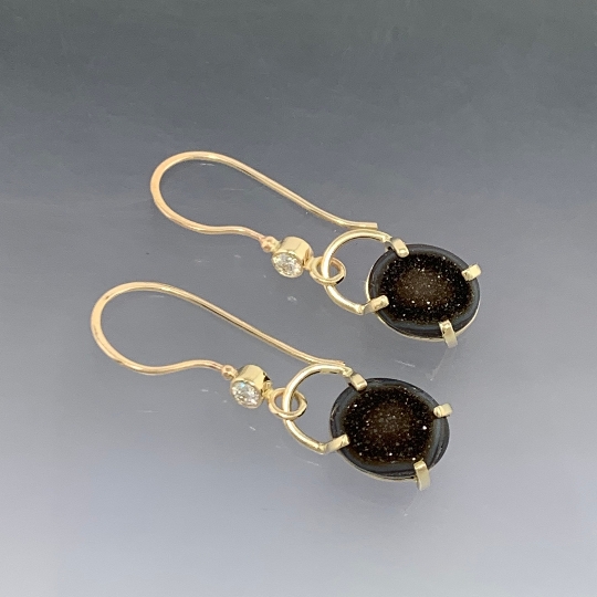 14kt Solid Yellow Gold Drusy-Druzy and diamond dangle earrings, ready to ship, one of a kind picture